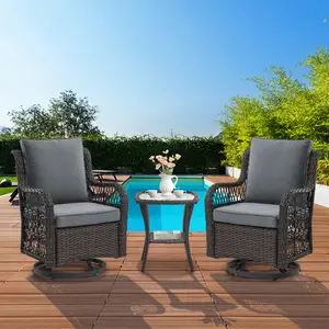 GARVEE 3 Piece Outdoor Patio Set, Wicker Rocking Bistro Set With 2 Swivel Chairs & Tempered Glass Top Table, Rattan Outdoor Furniture With Cushions for Patio Porch Backyard