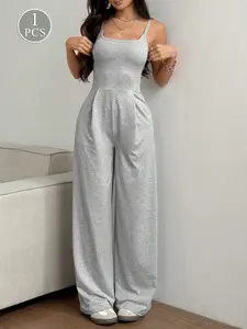 Heather Gray Wide Leg Jumpsuit | Square Neck Sleeveless One-Piece | Casual Knit Jumpsuit for Women Womenswear