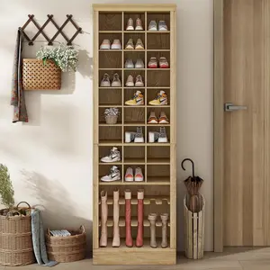 Yechen Tall Shoe Cabinet, 9 Tier Cube Shoe Rack Organizer with 27 Shoe Cubbies, 74.9'' Freestanding Shoe Closet Shelf Organizer with Open Storage for Boot, Entryway, Mudroom, Light Brown