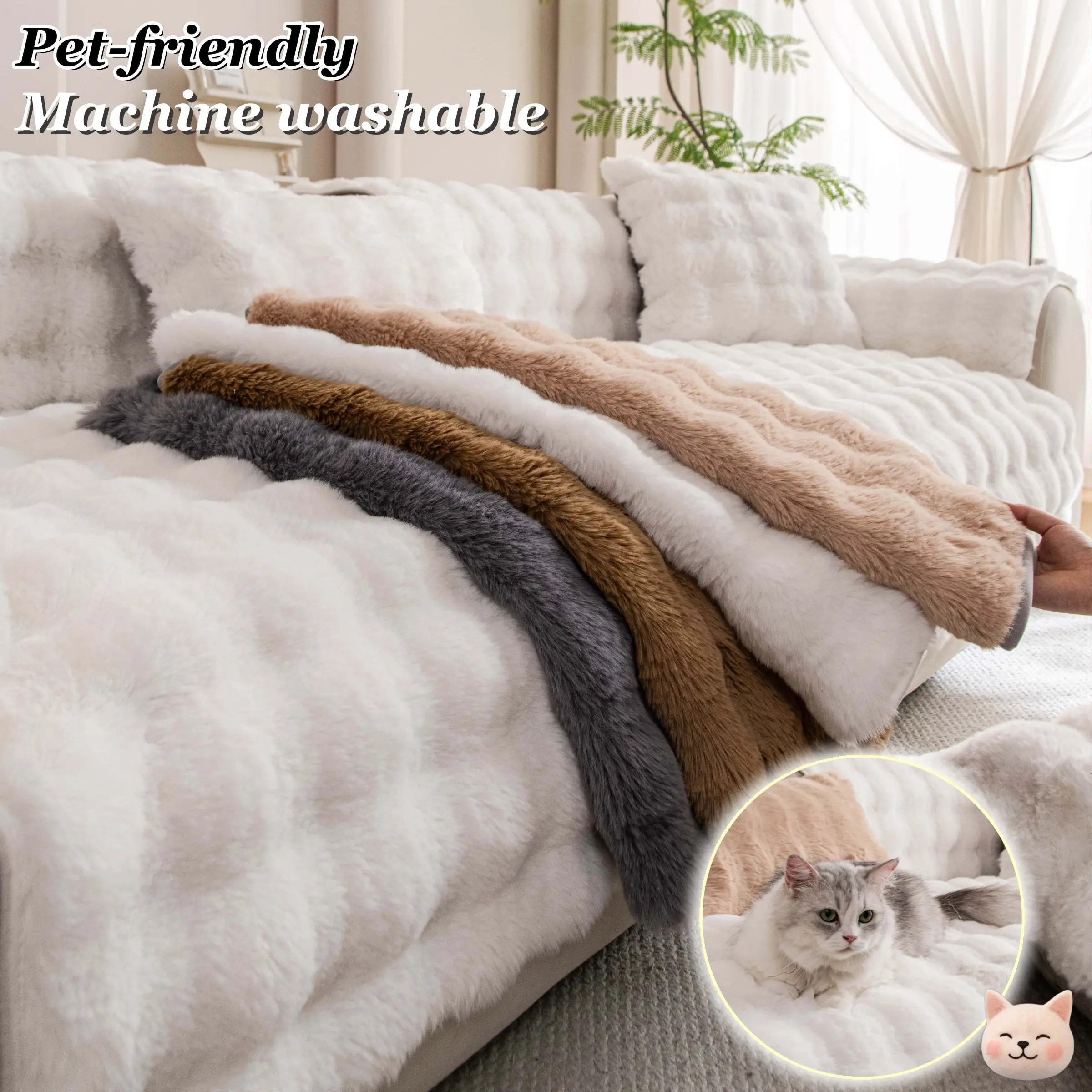 Faux Fur Sofa Cover, 1PC Pet-Friendly Non-Slip Couch Protector, Washable Fluffy Sofa Cushion Pad, for Sectional Sofa, Cozy Reversible Couch Slipcover for Living Room Décor, All-Season Anti-Scratch Sofa Cover, Sofa Couch Covers