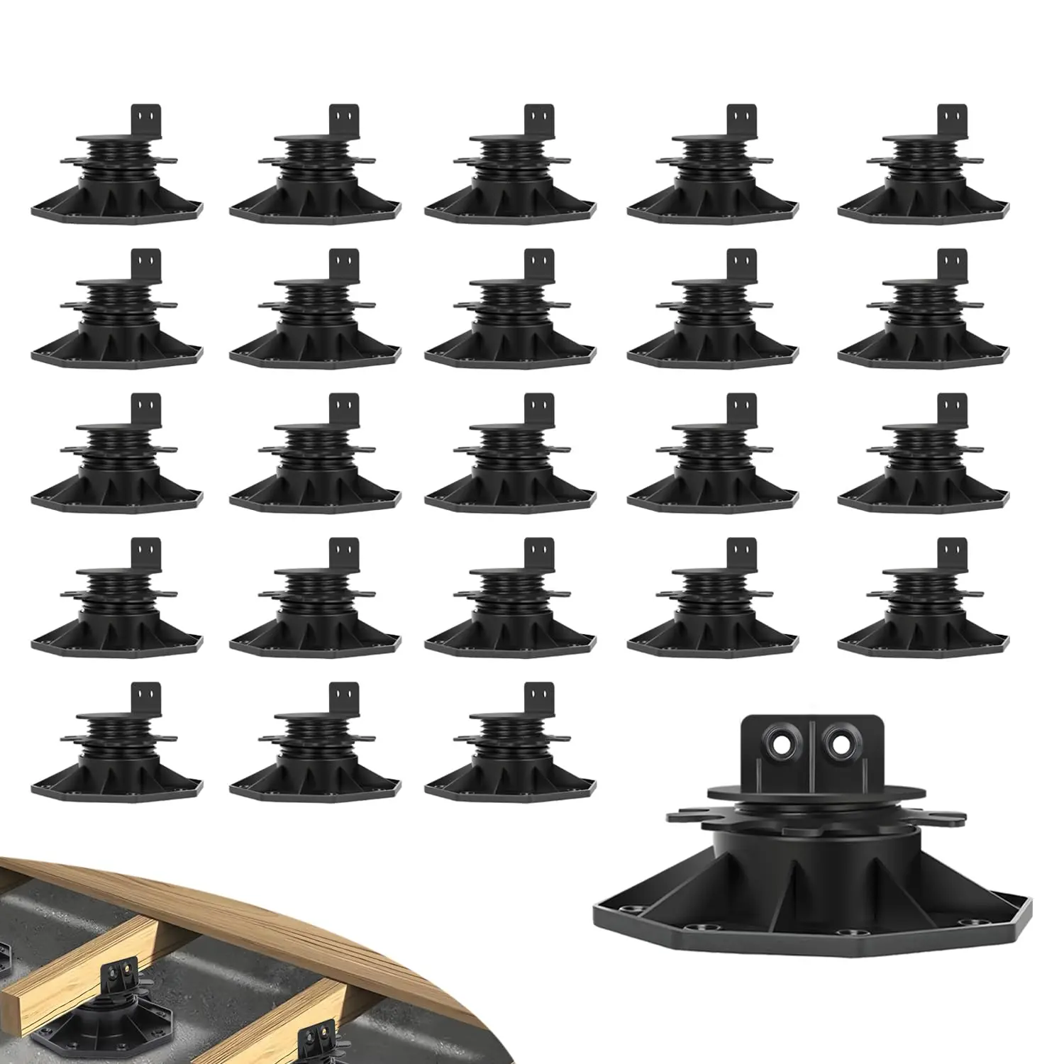 24Pack Adjustable Deck Support Pedestal Deck Foundation Base Support，Used for Floating Deck Platform Deck Floor Height Adjustment Raising, Adjustment Raising from 1-3/16" to 2-3/8",Black