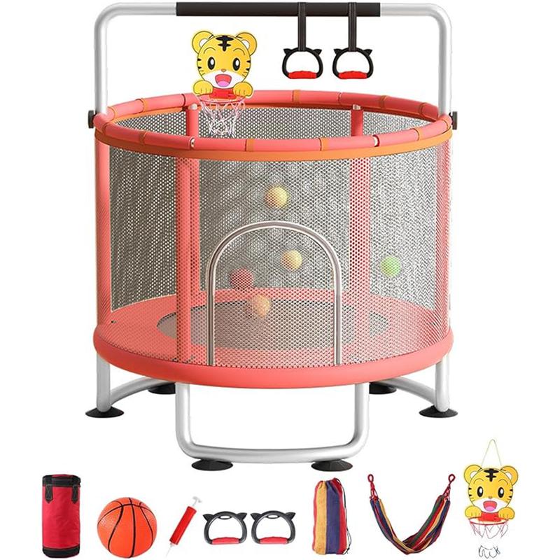 60" Trampoline for Kids with Safety Net, Indoor & Outdoor Toddler Trampoline with Swing, Adjustable Gym Bar & Basketball Hoop, Fun & Active Play for Boys & Girls