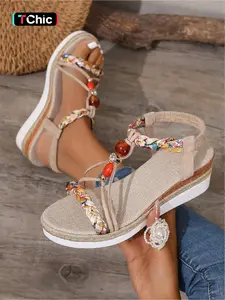 Plus-size women's new summer open-toe Woven Wedge Sandals with thin straps and bead decorations, stylish, simple, comfortable, lightweight, versatile, and suitable for everyday wear