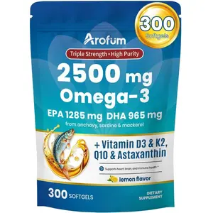 Arofum Omega 3 Fish Oil with Vitamin D3 K2 – 300 Lemon Flavored Burpless Softgels | Fish Oil Omega 3 Supplements Support Heart, Brain, Eyes & Immune Health | Gluten-Free, Non-GMO