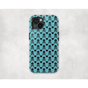 Tough Blue Skully Skull n Crossbones Y2K Emo Goth Aesthetic Smartphone Case, Rubber Shell Phone Accessory for iPhone 11-17 Pro Max & Samsung Galaxy Series (Wireless-Compatible)