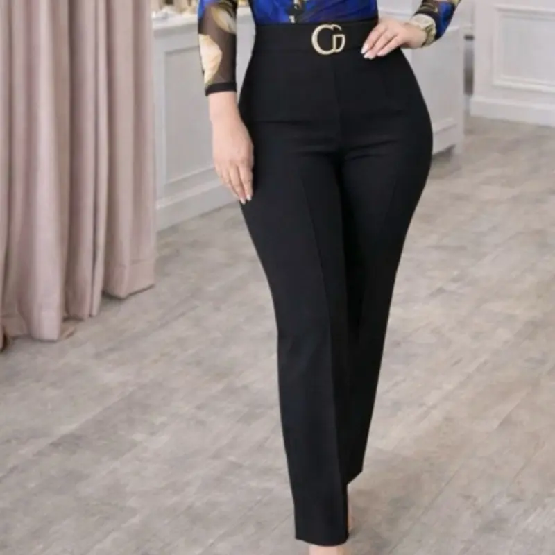 Belted Bell Button Flares Pants with GG Buckle - High-Waisted, Black, Comfortable, Casual Style