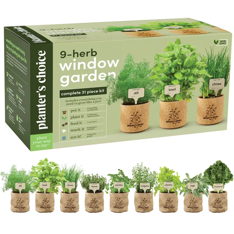 PLANTERS' CHOICE 9-Herb Indoor Window-Ready 31-Piece Grow Kit - 9x4x3" Lightweight Plastic Cylinder Tabletop Pot for Plants, Soil Discs, Heirloom Culinary Seeds for Planting, DIY Gardening Set, Mother's Day Gift for Fresh Herb at Home Natural Light Use