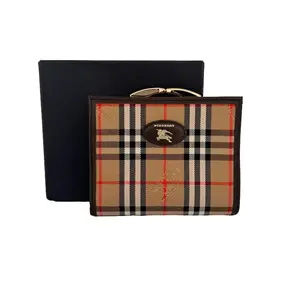 Pre-owned BURBERRY Canvas & Leather Wallet Haymarket Check Bifold with Coin Compartment