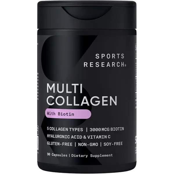 Sports Research Multi Collagen Pills for Women & Men - Collagen Peptides (Type I, II, III, V, X) Enhanced with Hyaluronic Acid & Vitamin C - Gluten Free ­· Non-GMO - 90 Capsules