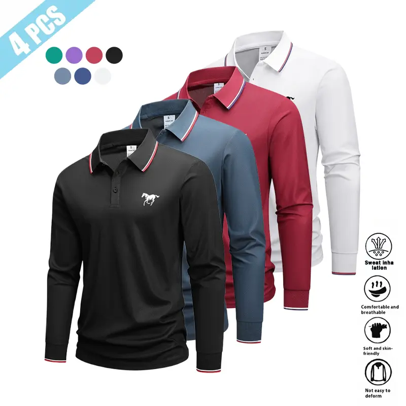 4-pack men’s fashion long-sleeve polo shirts, stretch fabric, printed patterns, casual athletic design, 100% polyester, perfect for spring and autumn, ideal for golf and casual wear, golf apparel, sports polos, stretch fabric