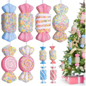 10 Pcs Pastel Candy Land Christmas Ornaments Set, Assorted Cute Macaron Color Candy Dessert Hanging Pendant Decorations for Xmas Tree, Kids Birthday Party, Home Holiday Decor Supplies