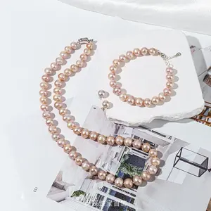 Pink Purple 8-9mm Natural Freshwater Pearl Necklace Women's Three-piece Beaded Necklace as a Gift for Mom