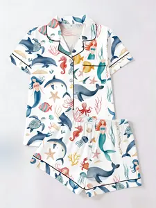 Mermaid Whale Seahorse Underwater Print Pajamas Set, Short Sleeve T-Shirt and Shorts Cardigan Two-Piece, Casual Fitted Loungewear for All Seasons