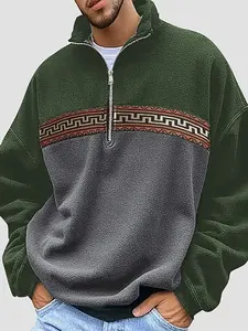 Men's Retro Aztec Print Half-Zip Fleece Pullover, Casual Colorblock Stand Collar Sports Sweatshirt, Ideal for Outdoor Wear
