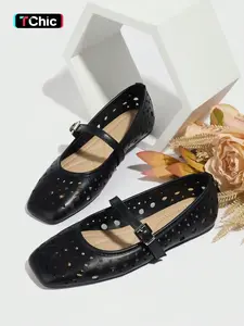 Women's Retro Flat Shoes Summer Square Toe Mary Jane Soft Sole Breathable Ballet Flats Casual Outdoor Daily Wear Comfortable Hollow Out Design