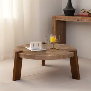 Rustic Herringbone Round Coffee Table, Solid Wood Top with 3 Tapered Legs, Farmhouse Style Accent Table for Living Room, Easy Assembly