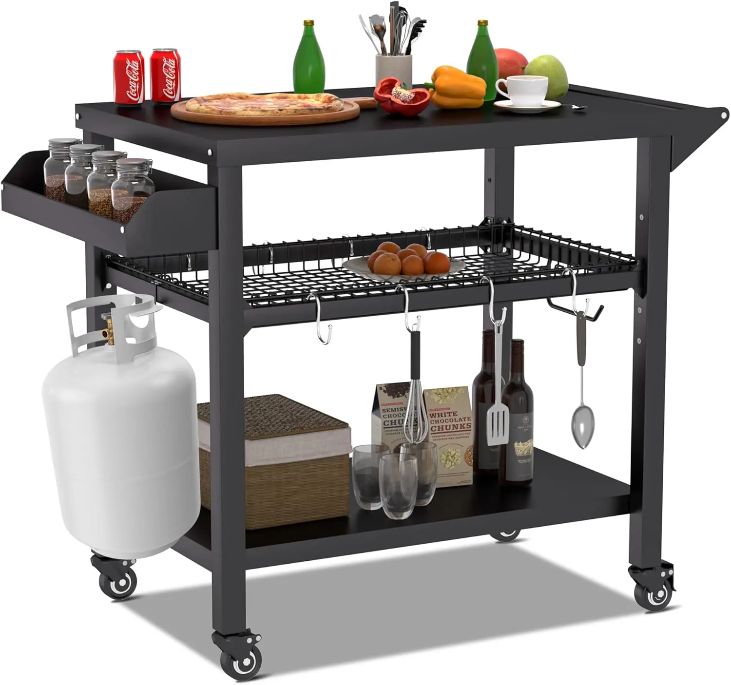 AHB BBQ Cart with Mesh Racks for Outdoor Cooking, Pizza Oven Stand Table with Wheels, Movable Grill Cart for Camping, Bar, Home Party, Kitchen Prep Station Countertop Storage Durable Storage