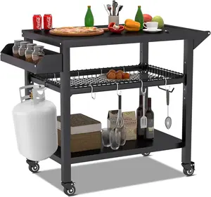 AHB BBQ Cart with Mesh Racks for Outdoor Cooking, Pizza Oven Stand Table with Wheels, Movable Grill Cart for Camping, Bar, Home Party, Kitchen Prep Station