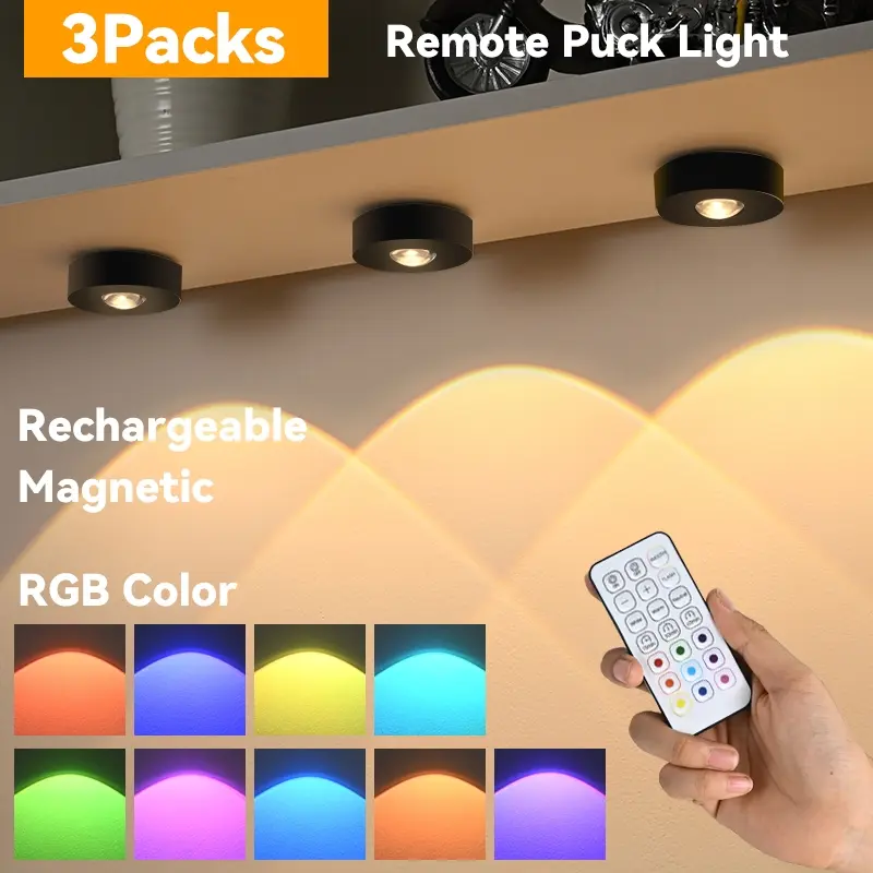 3pcs Remote Control Push Light with RGBW, Rechargeable Dimmable Night Light, Magnetic Under Cabinet Lighting, Puck Light, Decorative Lighting, Indoor Lighting, Dimmable Cabinet Lights