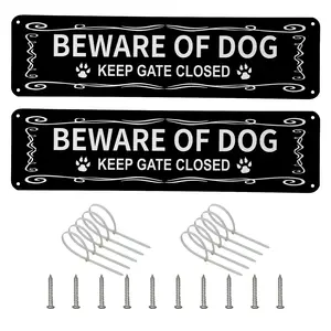 Garvee Set of 2 Reflective Metal Dog Care Warning Signs, Fade-Resistant, UV Protected Outdoor Patio Signs, Aluminum, 12x3 Inches, Black Color