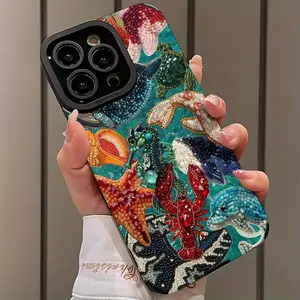 Ocean Theme Pearl Embroidery Design Shockproof Ultra-Thin Phone Case for iPhone 16/15/14/13/12/11 Plus Pro Max, Dust-Proof and Beautiful Gift for Girlfriend Boyfriend Friend