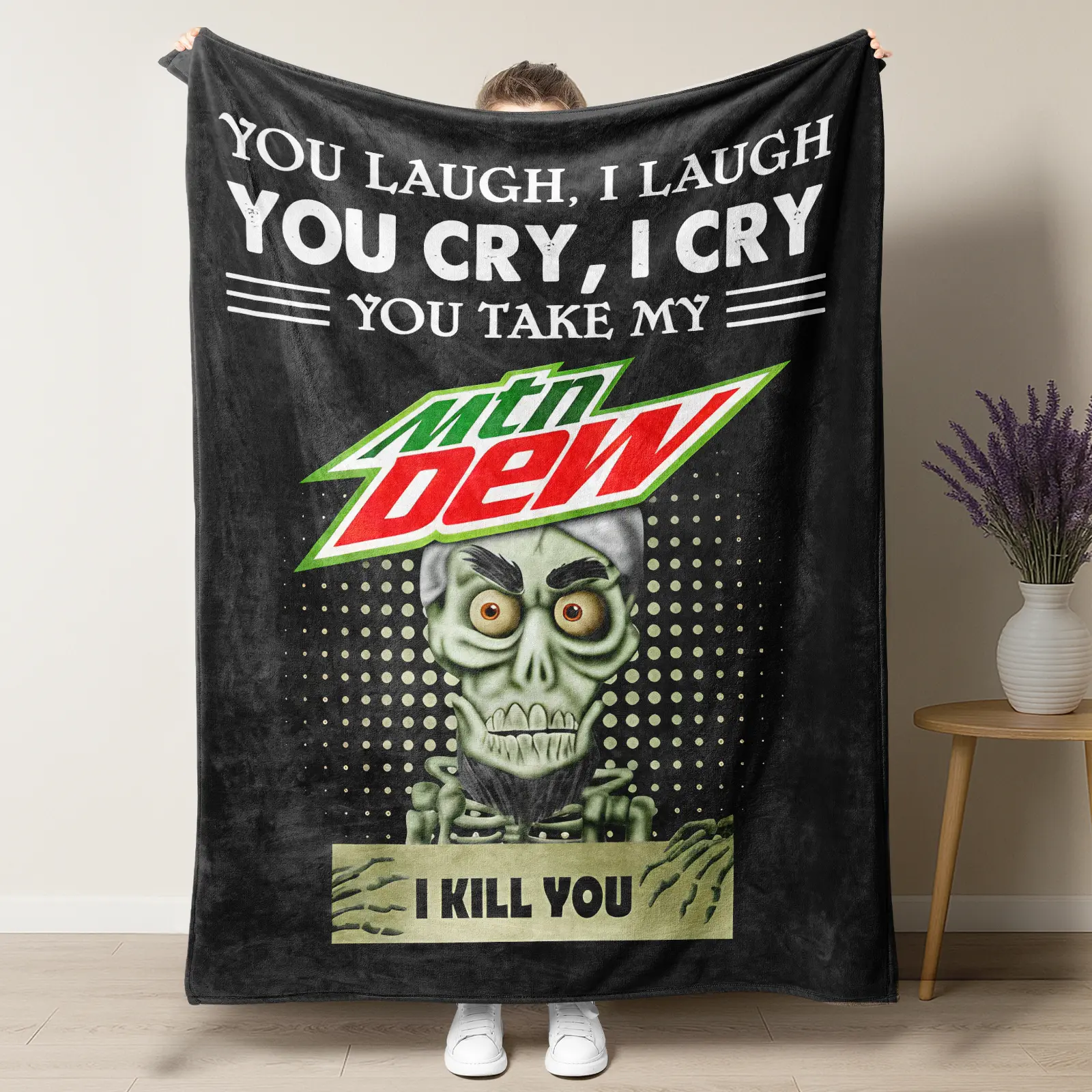 Funny Mtn Dew Throw Blanket, "You Take My Mtn Dew,I Kill You" Fleece Blanket, Green Soda Fan Gift for Men Teens, Soft Cozy Plush Blanket for Bed Couch, Humorous Meme Character Decor
