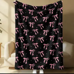 Black Pink Bow Throw Blanket, Soft Skin-Friendly Plush, Lightweight Cozy, Coquette Style, Cute Bow Print, for Couch Bed Office, All Seasons, Aesthetic Room Decor, Perfect Gift