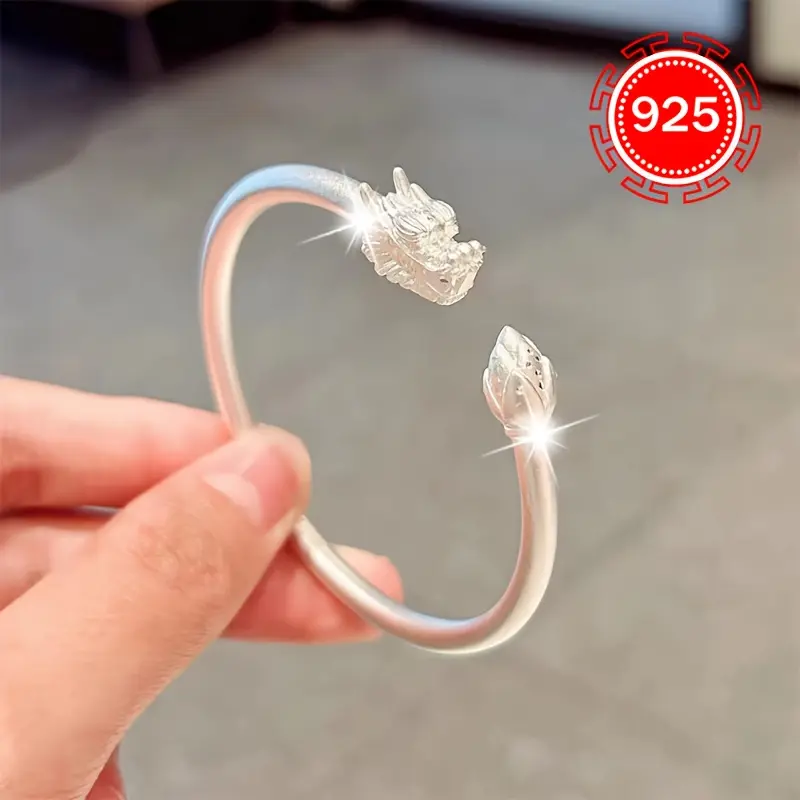 Women's 925 Silver Elegant Frosted Dragon Flower Bud Open Cuff Bangle - Hypoallergenic Female Bracelet, Simple Costume Jewelry for Party Banquet, Wedding, All Seasons, Adult Wear, Party Wear, Dragon Motif, Adults