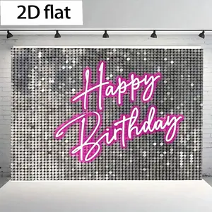 2D Flat 1PC Polyester Banner, Sequin "Happy Birthday" Theme Design, Featuring Silver Sequin Background & Neon Pink Text Elements, Luxury Sparkling Style, Indoor and Outdoor Use, Ideal for Birthday Parties, Celebration Activities, Photo Background