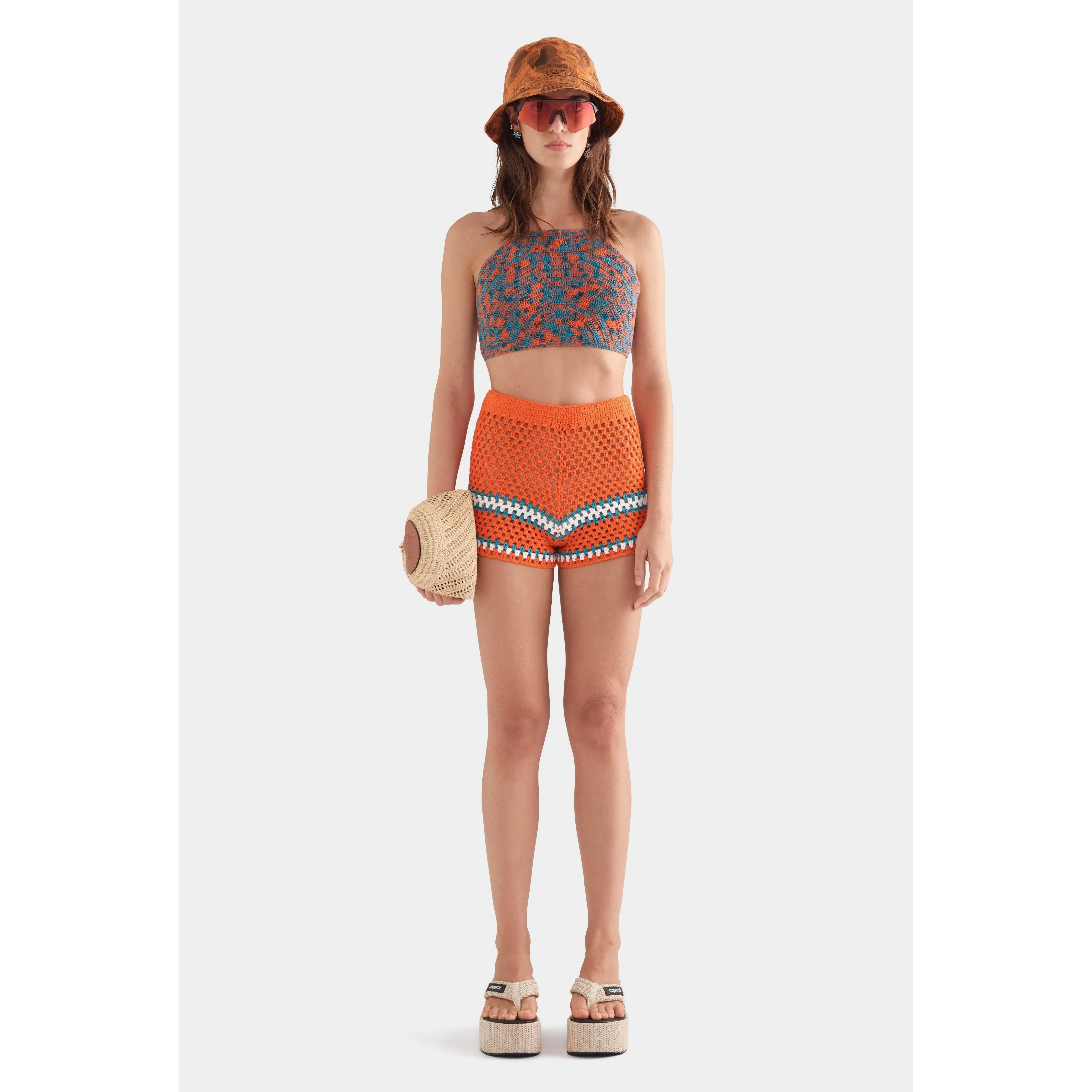 High Waist Crochet Cotton Mini Short - Orange/Teal/White