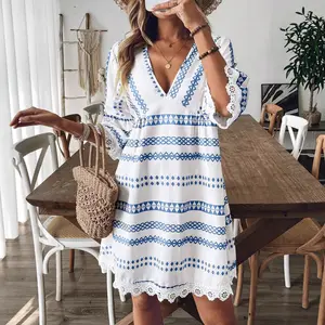 Spring & Summer New Style Lace Cuff Dress - V-neck High Waist Loose Geometric Print Dress | Elegant Casual Linen Polyester Fabric Womenswear Piece | Perfect for Beach Vacation & Spring Brunch