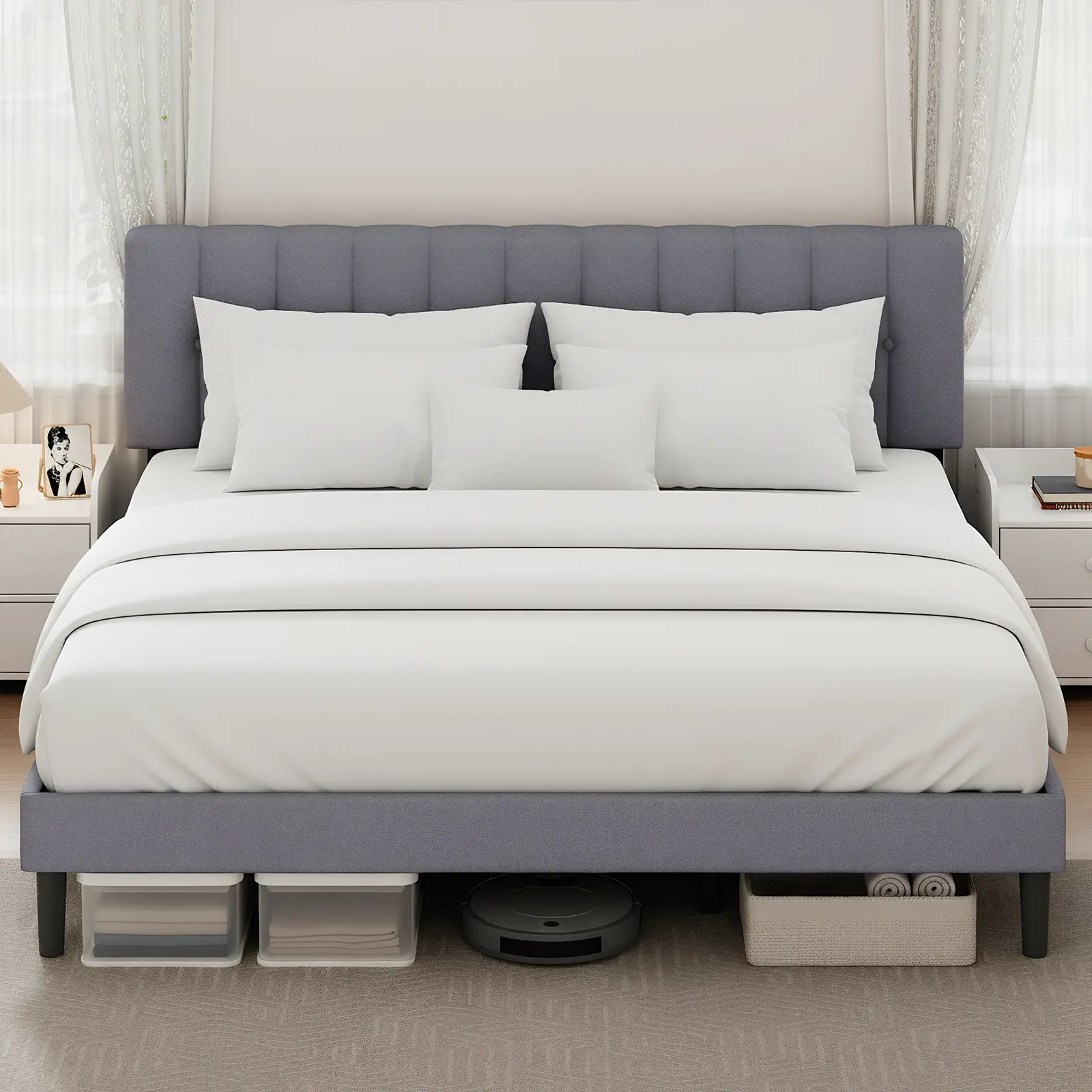 Modern Fabric Upholstered Platform Bed Frame with Adjustable Headboard, 800LBS Sturdy Wooden Slats Support, No Box Spring Needed, Noise-Free, Easy Assembly for Apartment Furniture