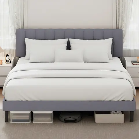 Sweetcrispy Twin Bed Frame, Modern Fabric Upholstered Bed with Foam Padded Head, 38.2"-43.3" Adjustable Headboard, Quiet Steel Slats, 800LBS Sturdy Support, No Box Spring Needed, Assembly Required, Fast-Install Apartment Furniture