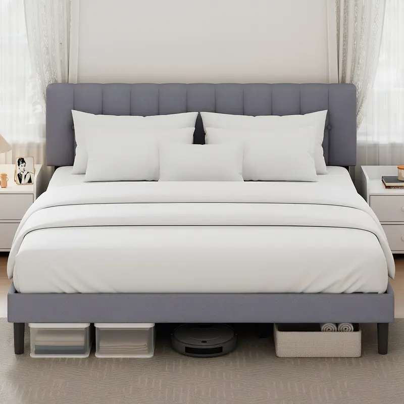 Sweetcrispy Twin Bed Frame, Modern Fabric Upholstered Bed with Foam Padded Head, 38.2"-43.3" Adjustable Headboard, Quiet Steel Slats, 800LBS Sturdy Support, No Box Spring Needed, Assembly Required, Fast-Install Apartment Furniture