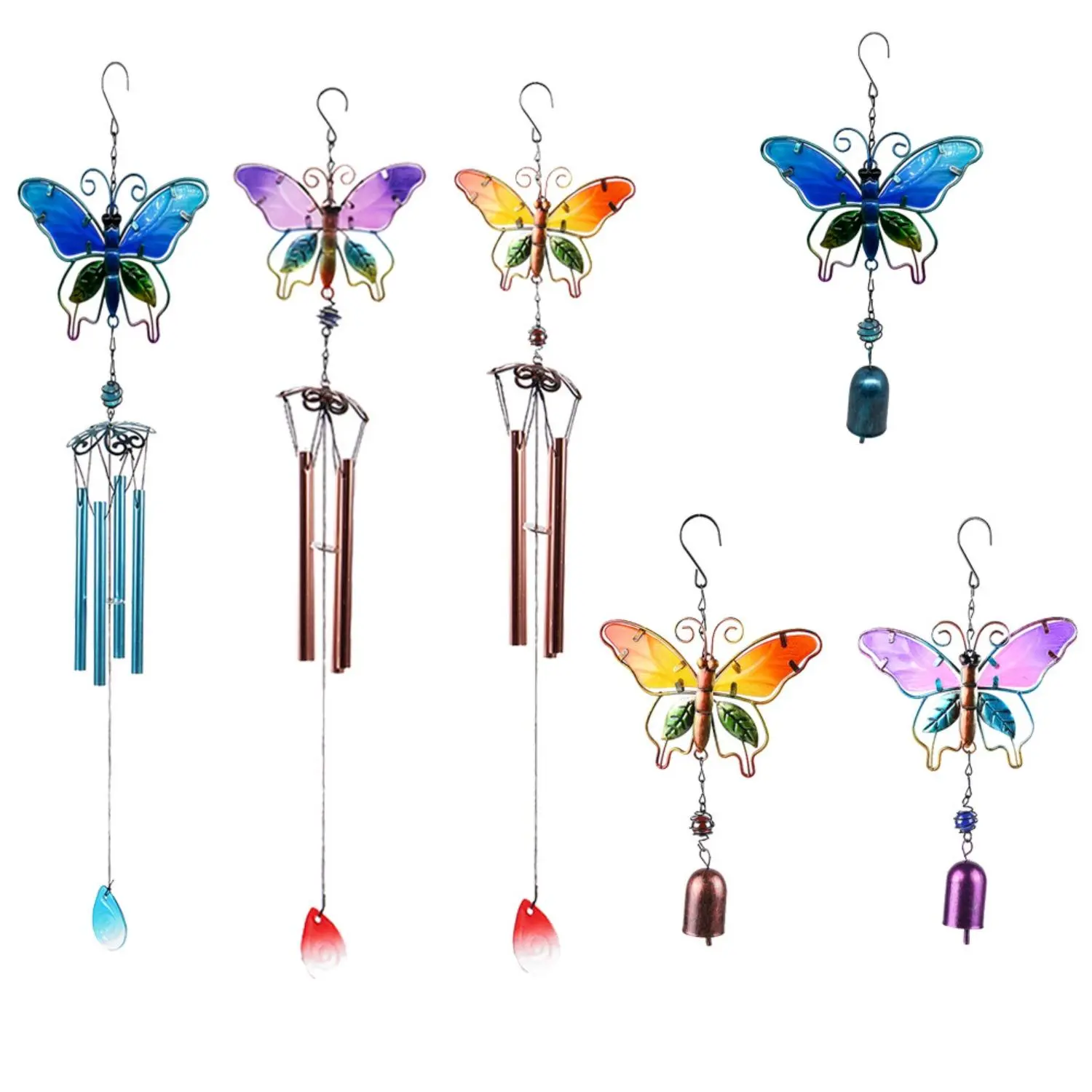 Blue & Purple Butterfly Wind Chime, Decorative Metal & Painted Glass Hanging Ornament with Aluminum Tubes for Outdoor Garden Decor, Outdoor Decor, Chimes, Metal & Glass, Multiple Colors