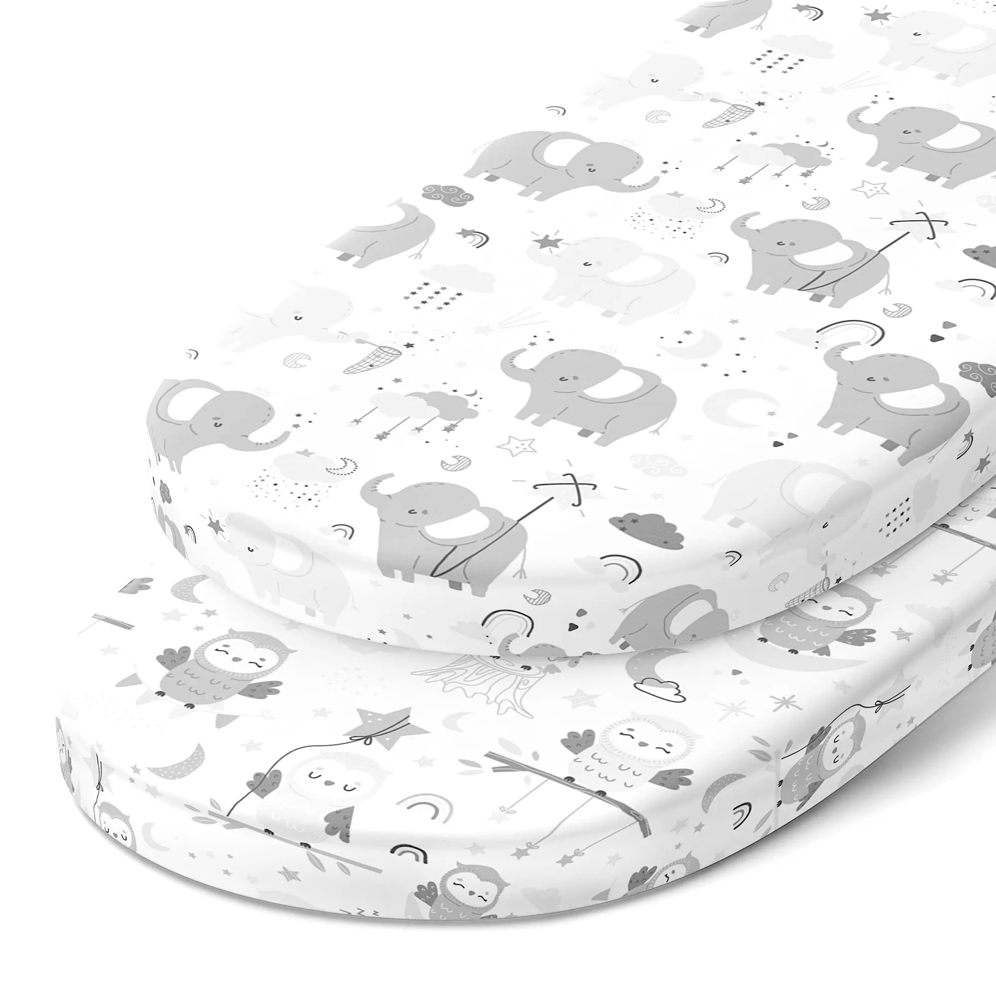 Bassinet Fitted Sheets for SNOO Happiest Baby Oval Bassinet – Owls and Elephants (2 Pack)