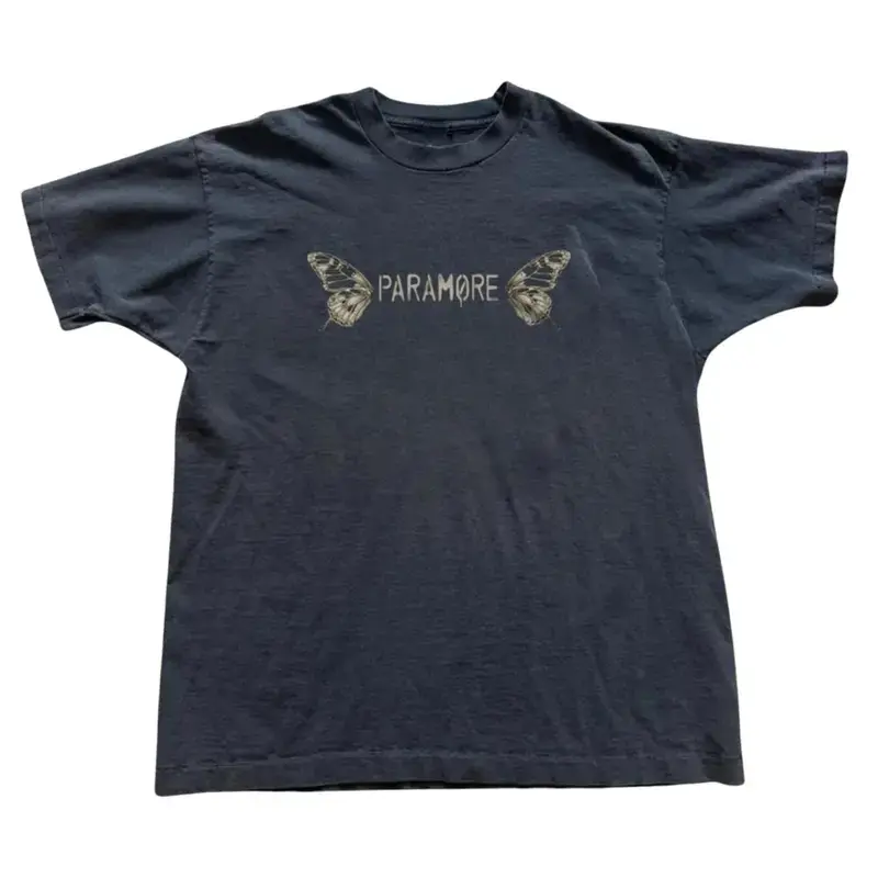 Paramore Brand New Eyes Album Graphic T-Shirt, Faded Vintage Yellow Split Butterfly Wings Illustration Surrounding Classic Band Typography Logo, Unisex Streetwear Tee, Retro Alternative Rock Outfit