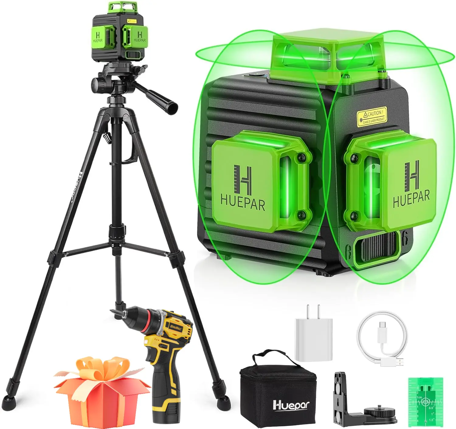 Huepar 3x360 High Brightness Self-Levelling Cross Line Laser Level, 360° Laser Tool with 47" Tripod, 5200 mAh Li-ion Battery & 2 Portable Bags Included for Construction, Tile Hanging, Self Levelling Laser