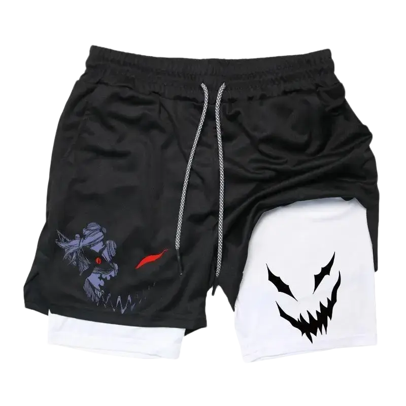 Men’s 2 in 1 Gym Shorts Demon Grin Wolf Monster Print White Compression Liner Quick Dry Athletic Running Basketball Workout Shorts With Side Pockets