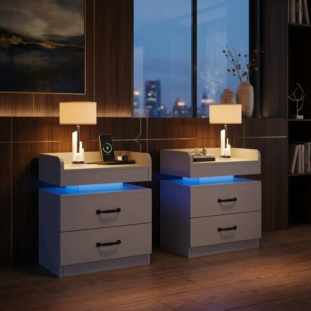 LED Nightstand with Cool Blue Light, Semi-Floating Design, 2 Large Drawers, Built-in Charging Station & USB Ports, High-Capacity Storage, Trendy Contemporary Multi-Purpose Charging Station Bedroom Furniture for Home Bedroom Gaming Room, Trend