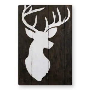 212 MAIN 12x18 in. Minimalist Lightweight Aluminium Metal Print Wall Art - Elegant White Deer Silhouette on Wooden Backdrop, Scandinavian Nature Decoration for Home Decor (Elegance-Infused Living Room Artwork)