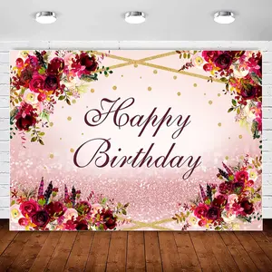 Burgundy Floral Birthday Backdrop Rose Gold Glitter Style Polyester Fabric Photography Background Wrinkle Resistant HD Print Party Decor Photo Booth Celebration
