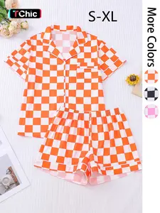 Women's All Over Plaid Print Short Sleeve Pajama Two-piece Set, Casual Comfy Lapel Neck Button Up Top & Shorts PJ Set, Ladies Sleepwear for All Seasons, Loungewear, Casual Pajama Sets