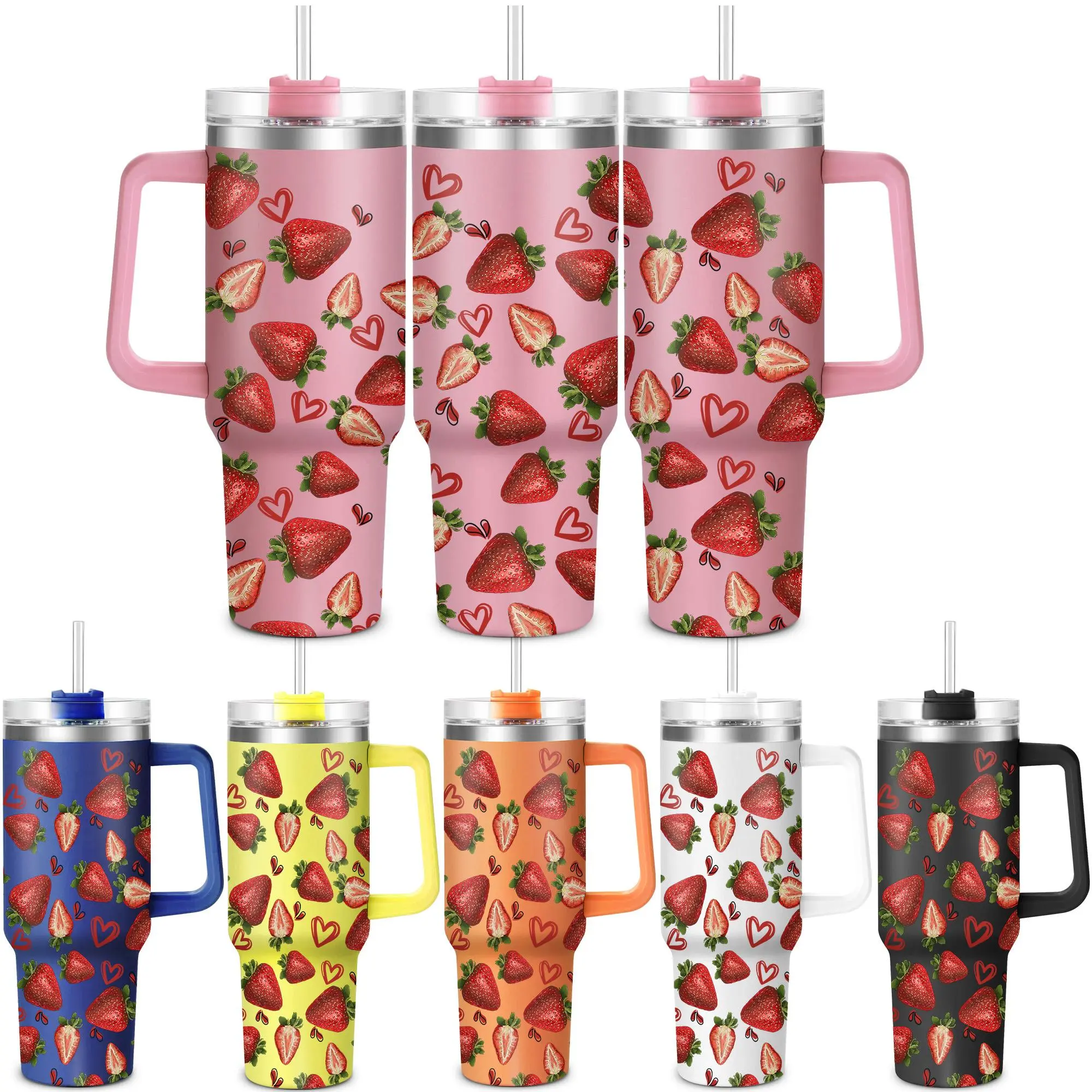 Strawberry Pattern Tumbler, 1 Count 40oz Stainless Steel Water Bottle with Lid & Straw, Drinking Cup for Home Office School Outdoor Camping, Drinkware