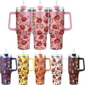 Strawberry Pattern Tumbler, 1 Count 40oz Stainless Steel Water Bottle with Lid & Straw, Drinking Cup for Home Office School Outdoor Camping, Drinkware
