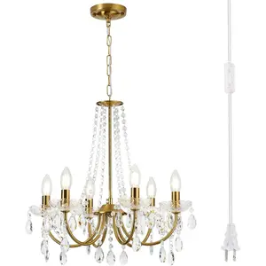 Plug in Crystal Chandelier for Living Room,Golden Hanging Pendant Light with Clear 14.76 ft Cord and On/Off, 6 Light Crystal Chandelier for Wedding, Kitchen, Dining,Foyer