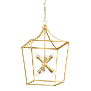 Large Kendall Lantern with 6 Lights and Vintage Gold Leaf Frame for Modern Home Decor