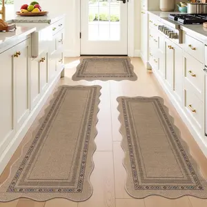 Non-Slip Scalloped Kitchen Rugs Set 3 count, 20"x32"+ 20"x48"+20"x59" Washable Low Profile Easy Jute Kitchen Floor Mats Runner Set for Sink Hallway Entryway Laundry Decor(Colorful)