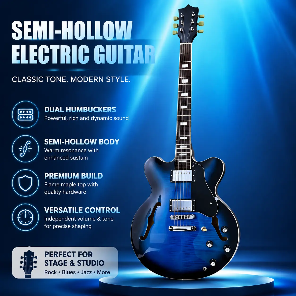 Blue Burst Flamed Maple Semi-Hollow Body Electric Guitar, Tune-O-Matic Bridge, F Hole Jazz Guitar with Dual Humbucker Pickups, Chrome Hardware Blues Jazz Stage Studio Performance Beginner & Professional Players