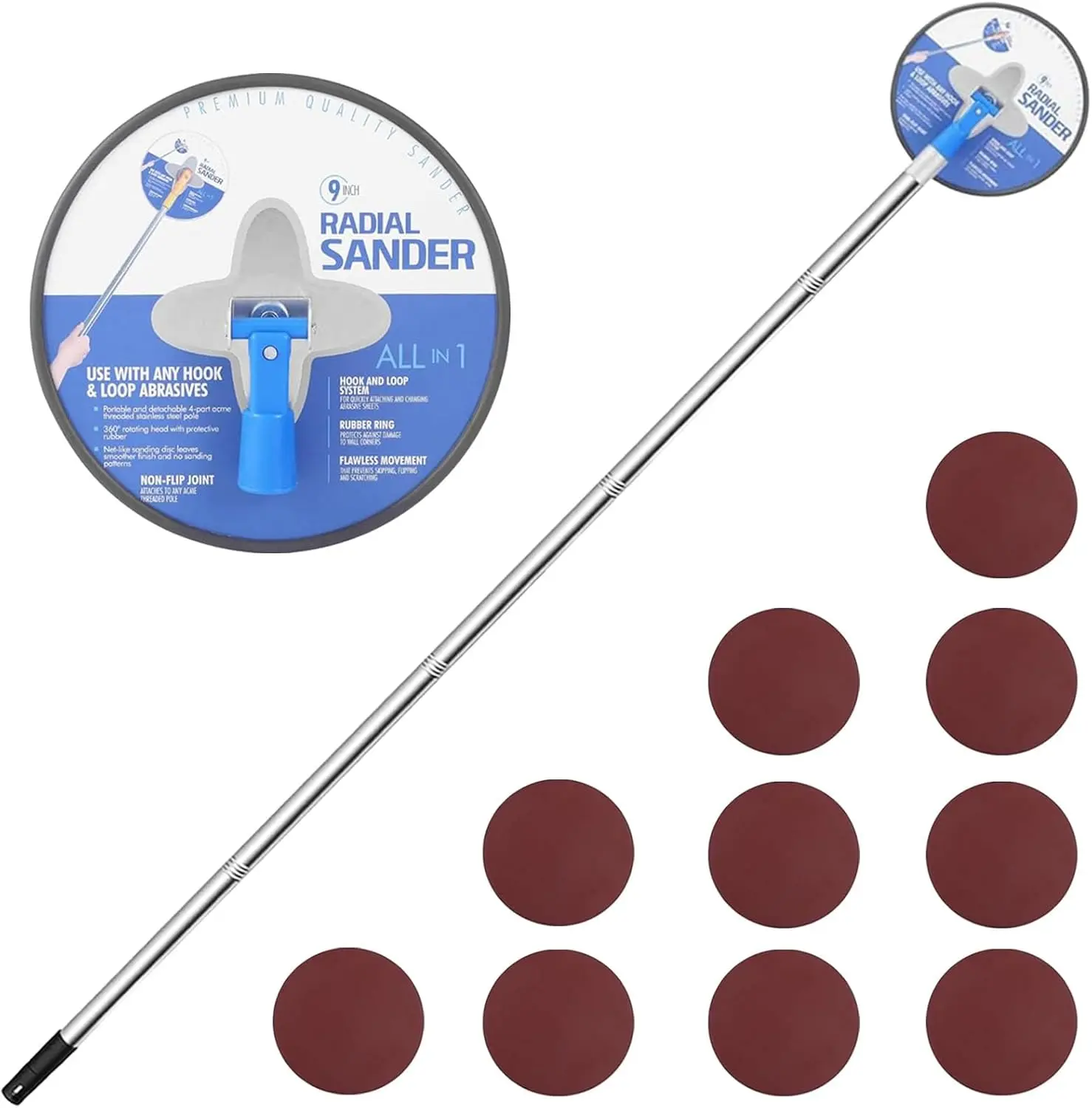 Pole Sander, 9 Inch Radial Sander with Extension Pole, 360°Rotatable Round Hand Sanding Head for Ceilings &, Includes 10pcs Sanding Sheets (80,100,120,180,240 Grit)